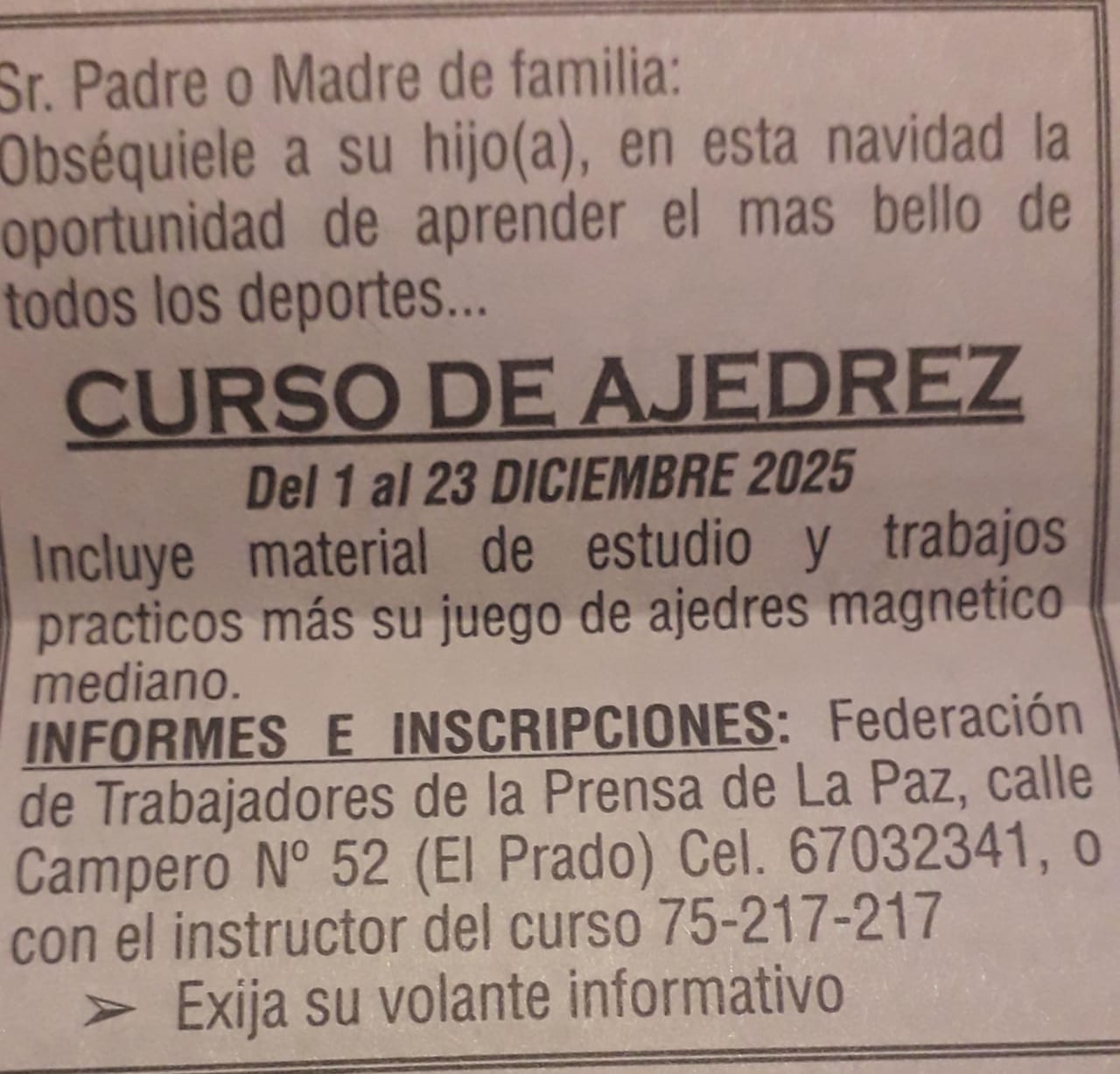 La Paz - Curso de ajedrez